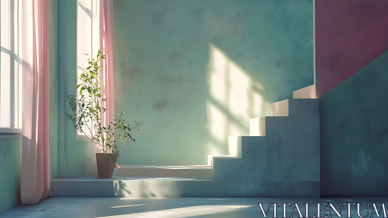 Interior stairwell with potted plant and window light.