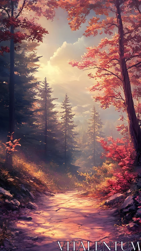 Forest pathway with deciduous trees during autumn season.