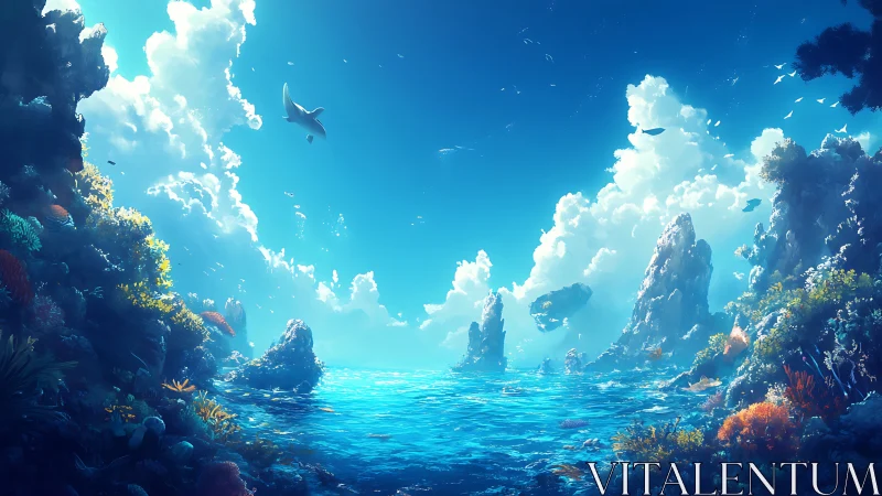 Vibrant digital seascape shows rocky reefs and distant clouds