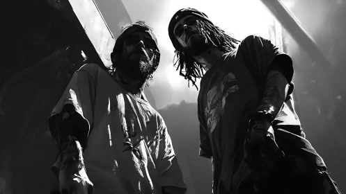 Two figures viewed from low angle under high contrast light