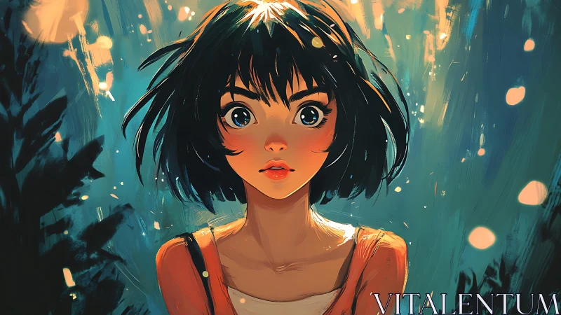 Anime portrait of wide-eyed girl in luminous brushstroke glow