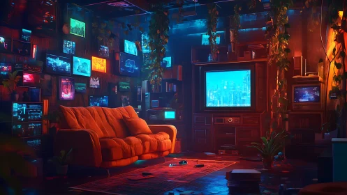 Retro gaming lounge glows within neon-lit cyberpunk den