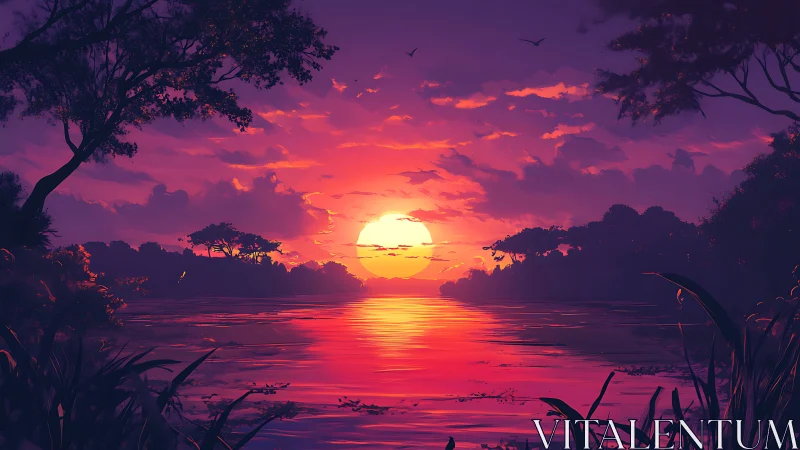 Vibrant tropical river sunset with high-saturation atmospheric perspective