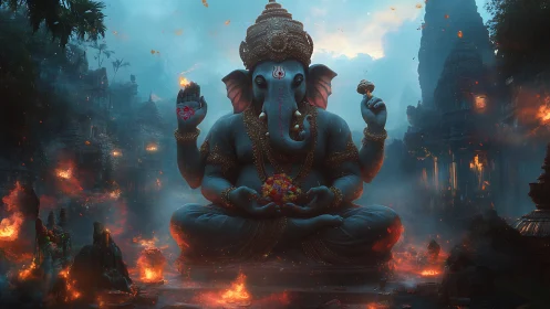 Colossal Ganesha statue sits amid burning temple ruins