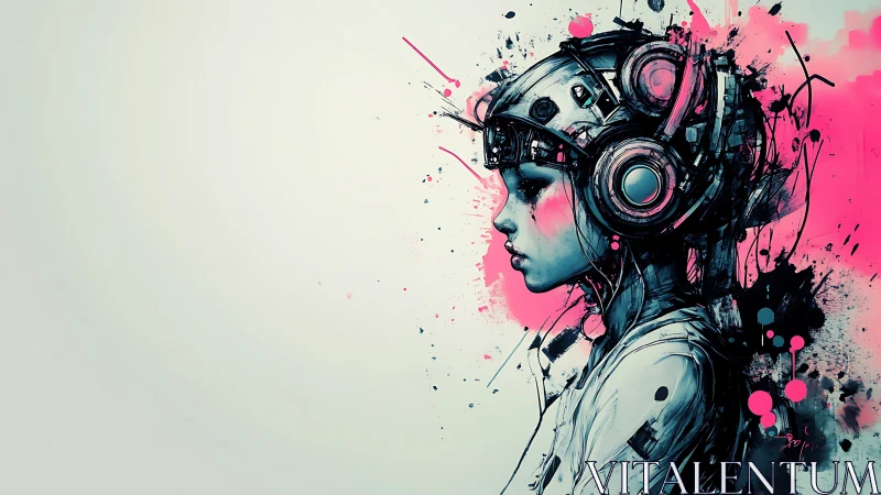 Neon dreamer in headphones and paint-splashed circuits.