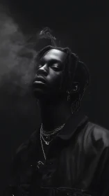 Moody monochrome portrait immerses a lone figure in smoke.