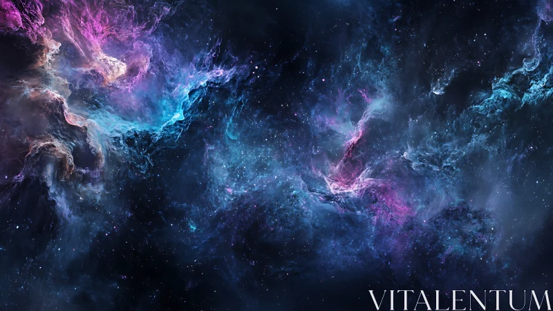 Nebula clouds swirl through deep cosmic starfield panorama.