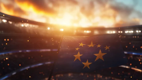 Stadium twilight lets a star-crowned blue flag ignite