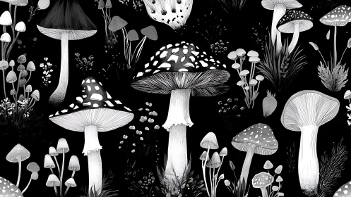 Monochrome botanical pattern of diverse forest mushrooms on black