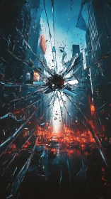 Shattered glass halo frames a neon city caught mid-scream