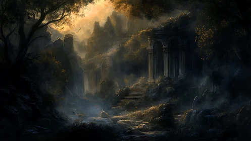 Ruined stone temple in misty forested mountain valley.