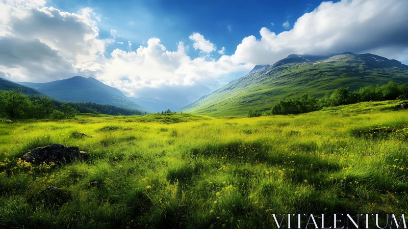 Sunlit mountain meadow breathing under a boundless blue sky.
