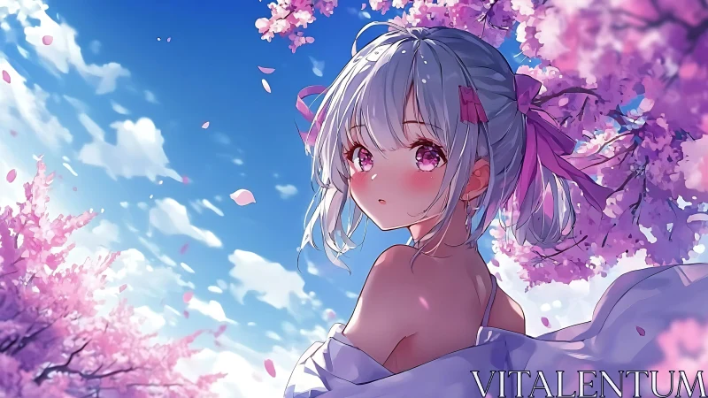 Anime girl stands among cherry blossoms under clear sky