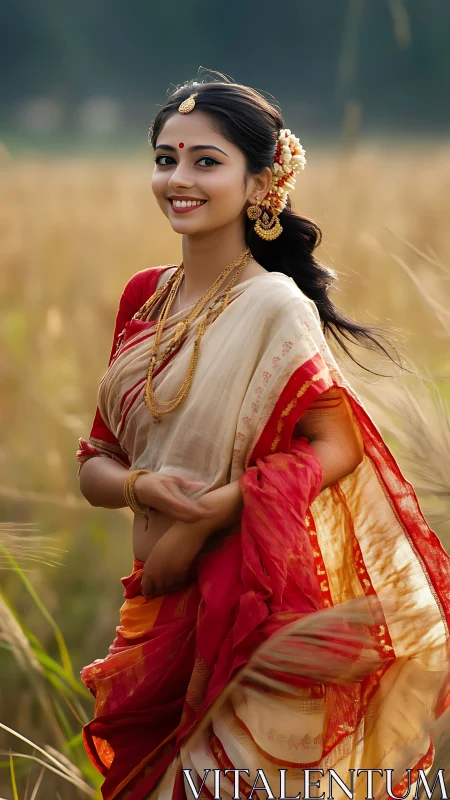 Golden field muse in red and ivory saree smiles wide.