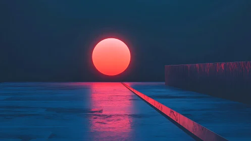 Neon sun descends over minimalist blue terrace in silence