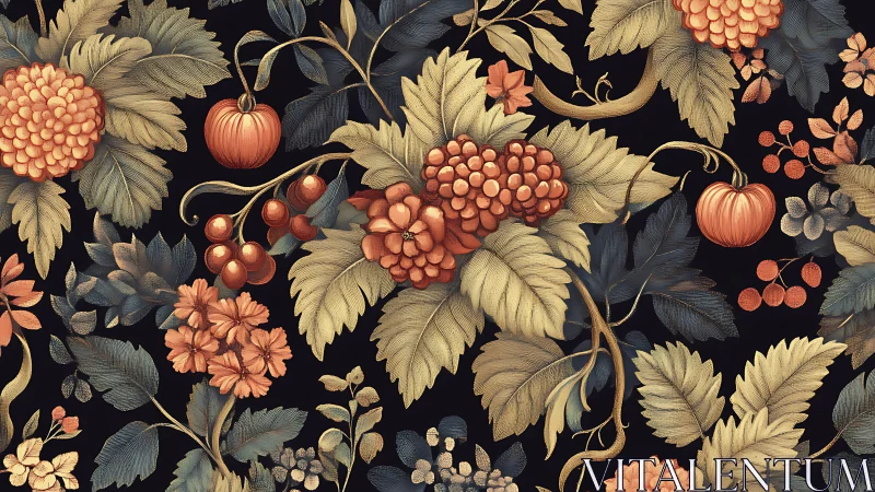Ornate botanical pattern shows autumn fruits and leaves