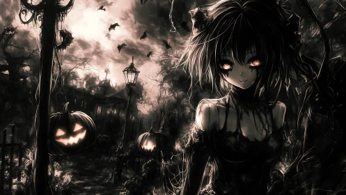 Anime girl stands in dark Halloween graveyard at night