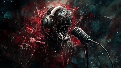 Monstrous figure in headphones before studio microphone.