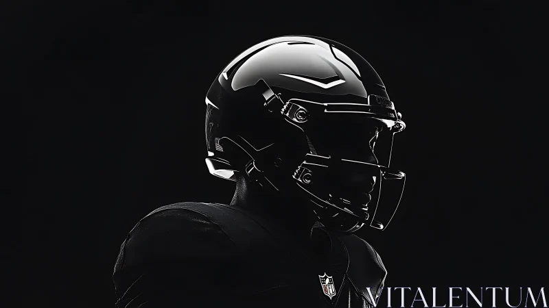 Low key profile of glossy black American football helmeted player