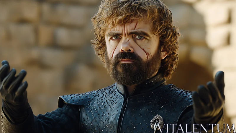 Bearded armored man with scars raising gloved hands.