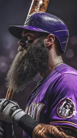 Bearded baseball slugger in purple helmet studies bat.