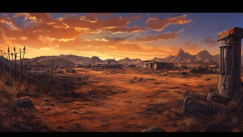 Sunlit post apocalyptic desert town with rusted relics.