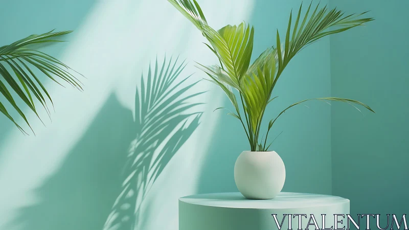 Potted palm sits on cylindrical pedestal in teal studio lighting.