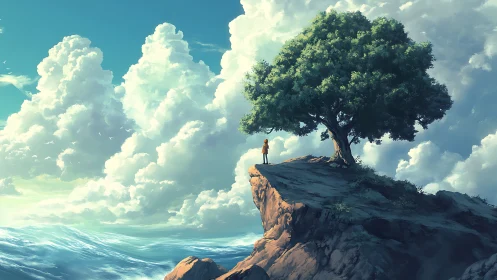 Solitary Figure Beneath Monumental Tree on Rocky Promontory.