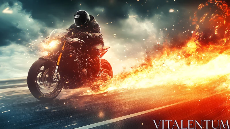 High-speed superbike rider arcs through explosive fire trail