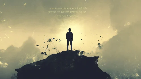 Silhouette stands on jagged peak under glowing storm sky.