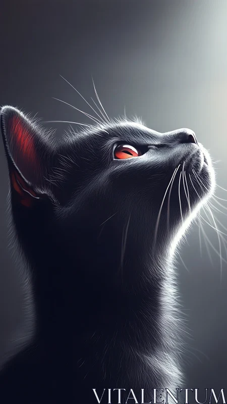 Black Cat with Glowing Red Eyes Looking Upward.