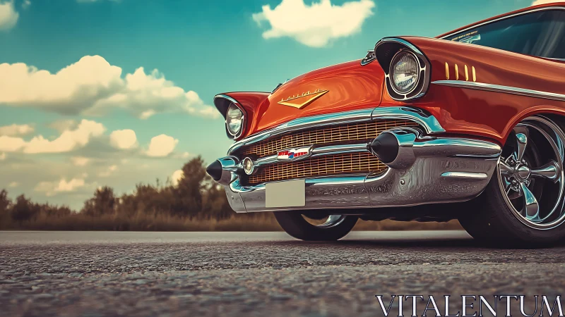 Low-angle view of vintage red Chevrolet on open road.