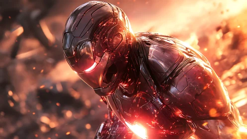 Molten chrome avenger rises through a storm of embers.
