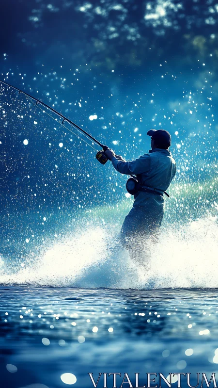 Angler stands in splashing water while casting fishing line