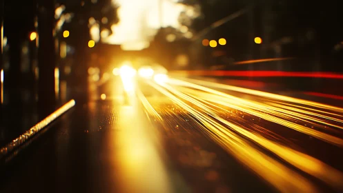 Golden light trails streak through a blurred night cityscape.