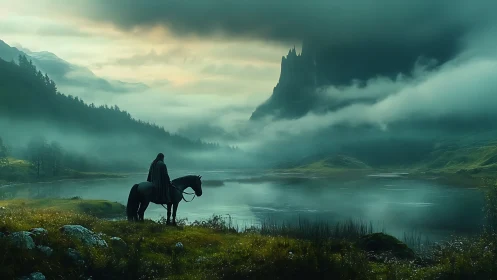 Solitary rider studies mist-laden lake before distant citadel