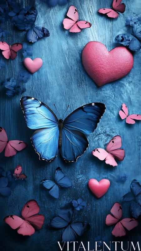 Blue morpho butterfly with pink hearts on textured teal backdrop.
