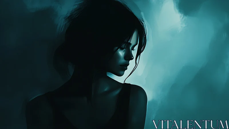 Low‑key teal portrait of reflective woman in side profile.