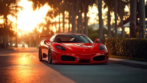Red sports coupe on palm-lined street at sunset light.