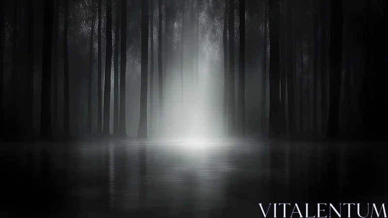 Mystic white light rises through foggy flooded forest