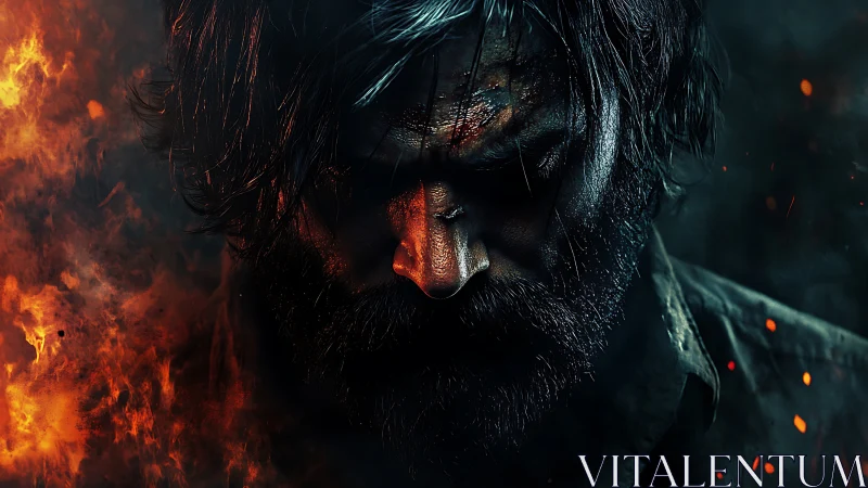 Brooding bearded man framed by fire and darkness.
