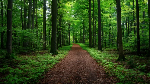 Serene forest trail with lush green trees in natural daylight.