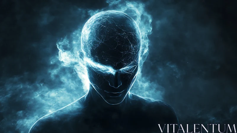 Glowing cybernetic humanoid head renders neural energy field