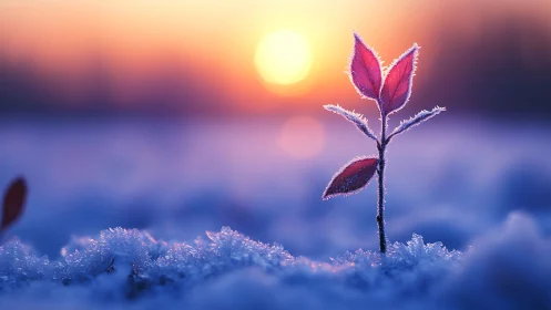 Frosted seedling glows against soft sunrise over snowfield