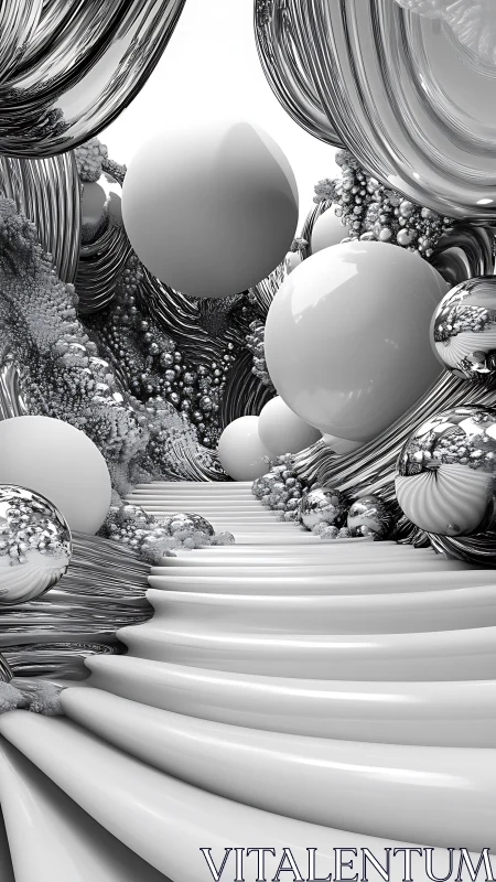 Monochrome spheres drift through a glossy surreal corridor.