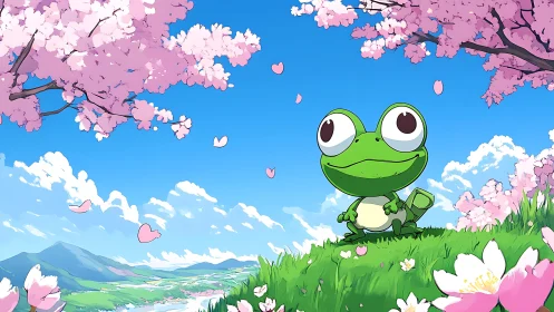 Cartoon frog under cherry blossoms on bright spring hill.