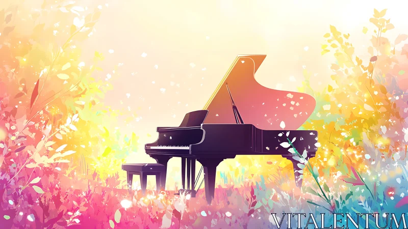 Grand piano in luminous pastel meadow with diffuse flora glow