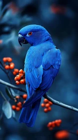 Vivid blue parrot perched among bright orange berries.