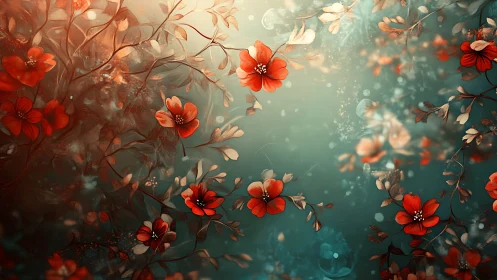 Crimson Blooms Dancing Through Emerald Reverie.