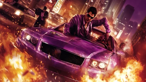 Purple muscle car crash through neon city firestorm.